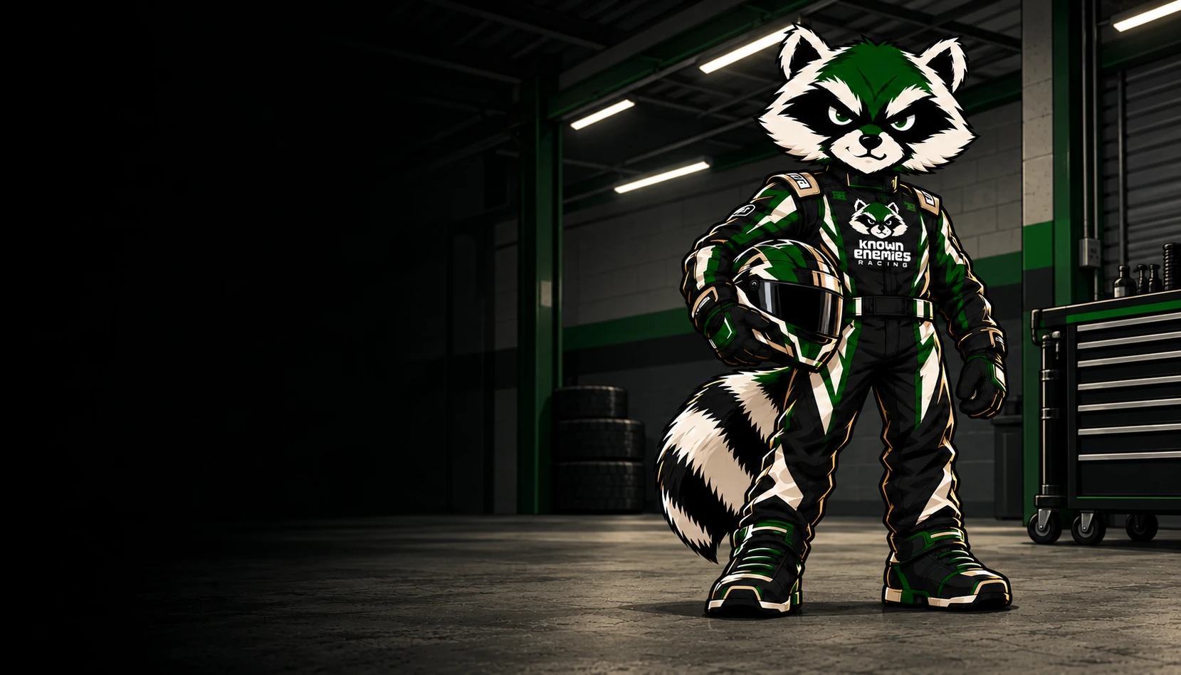 The Known Enemies raccoon mascot in a green, black and tan racing suit, holding a helmet in the team garage.